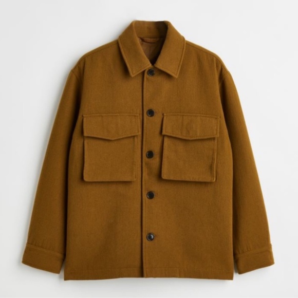 H&M Wool Shirt Jacket Mens S Double Pockets Camel Brown Minimalist Shacket Coat - Picture 2 of 13